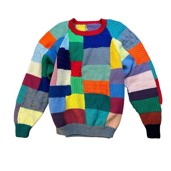 Vintage Sweaters - Vintage multi-color patchwork chunky knit sweater